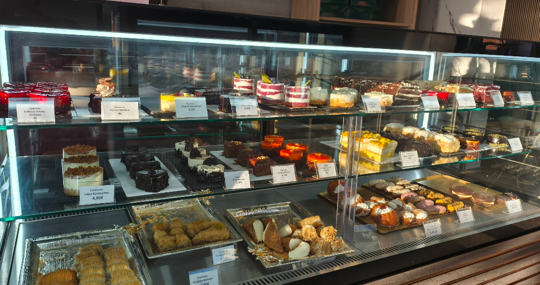 The patisserie vitrine, filled for the morning